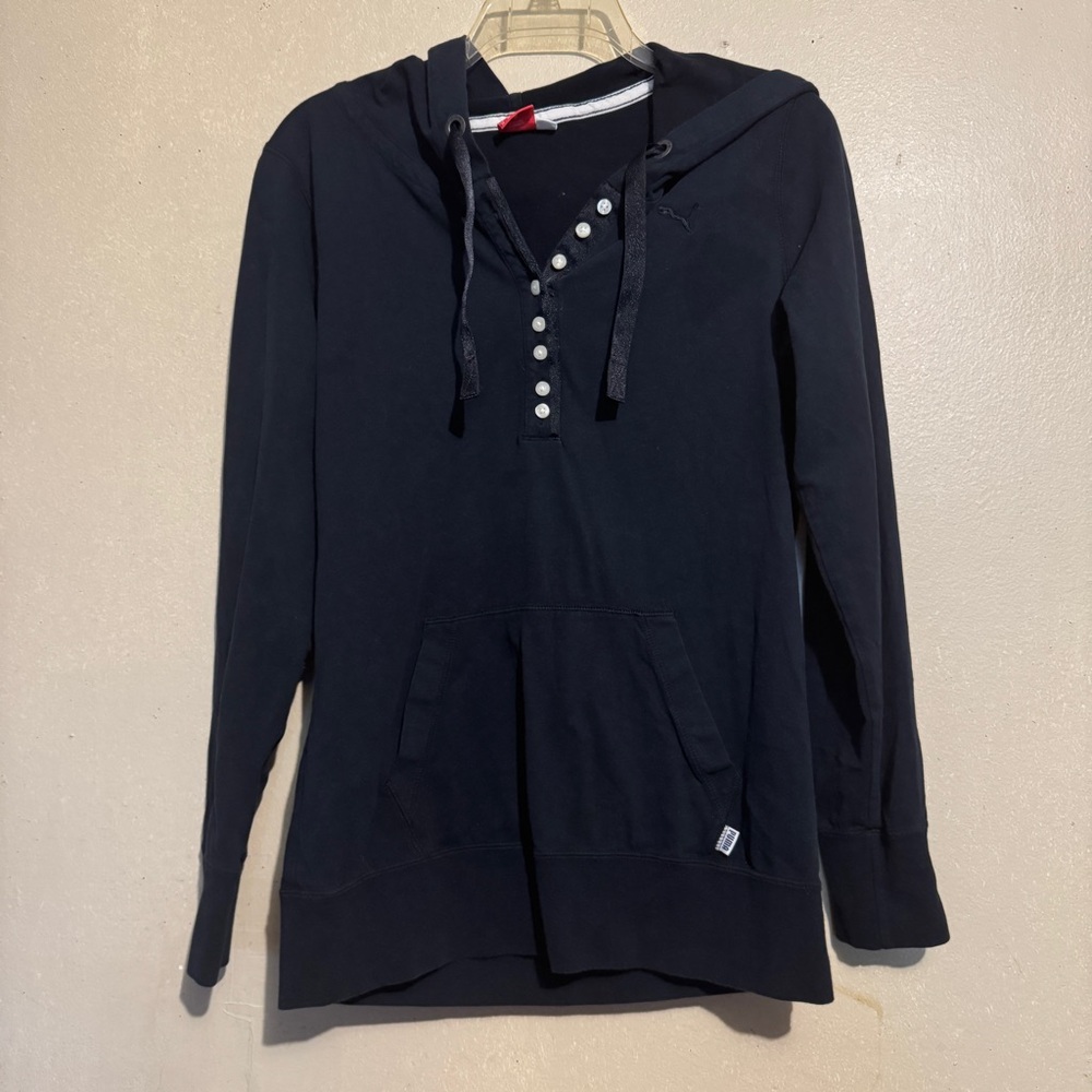 Puma Black Hooded Henley Pullover Hoodie Button Neck Athleisure
